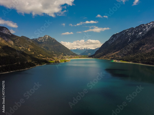 Aerial view Achensee sea in Maurach, Tirol. Austria by drone. Alps mountains.