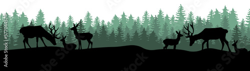 Black silhouette of wild deer family and green forest fir trees camping wildlife landscape panorama illustration icon vector for logo, isolated on white background