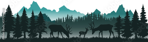 Black silhouette of fir trees and wild deer, landscape panorama illustration icon vector for forest wildlife adventure camping logo, isolated on white background