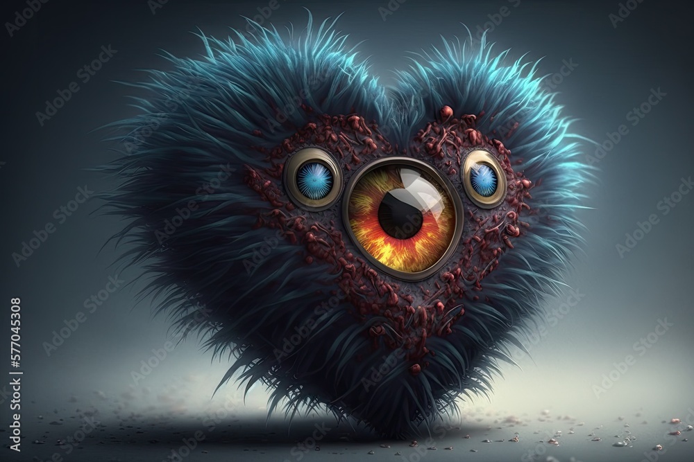ai generated illustration of a 3d heart monster with fluffy fur, generative ai fancy love background