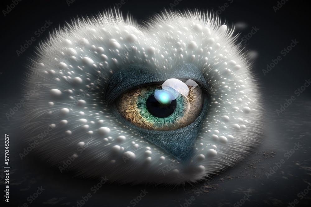 ai generated stock image of a white fluffy heart shaped monster with a beautiful reflective eye, generative ai romantic stock image