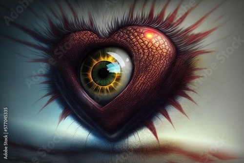 ai generatedimage of a big eye on a cute dino heart, generative ai fantasy love background photo