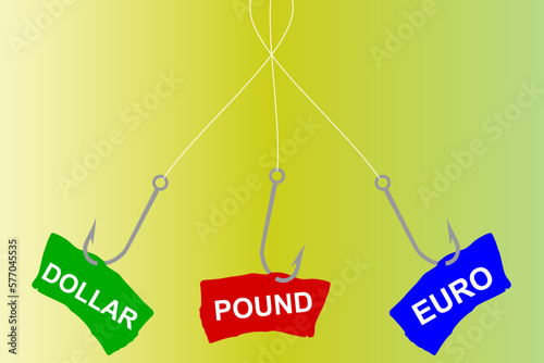 Vector illustration of a fish hook with hooked inscriptions Euro and Dollar, choice and struggle between two financial offers	