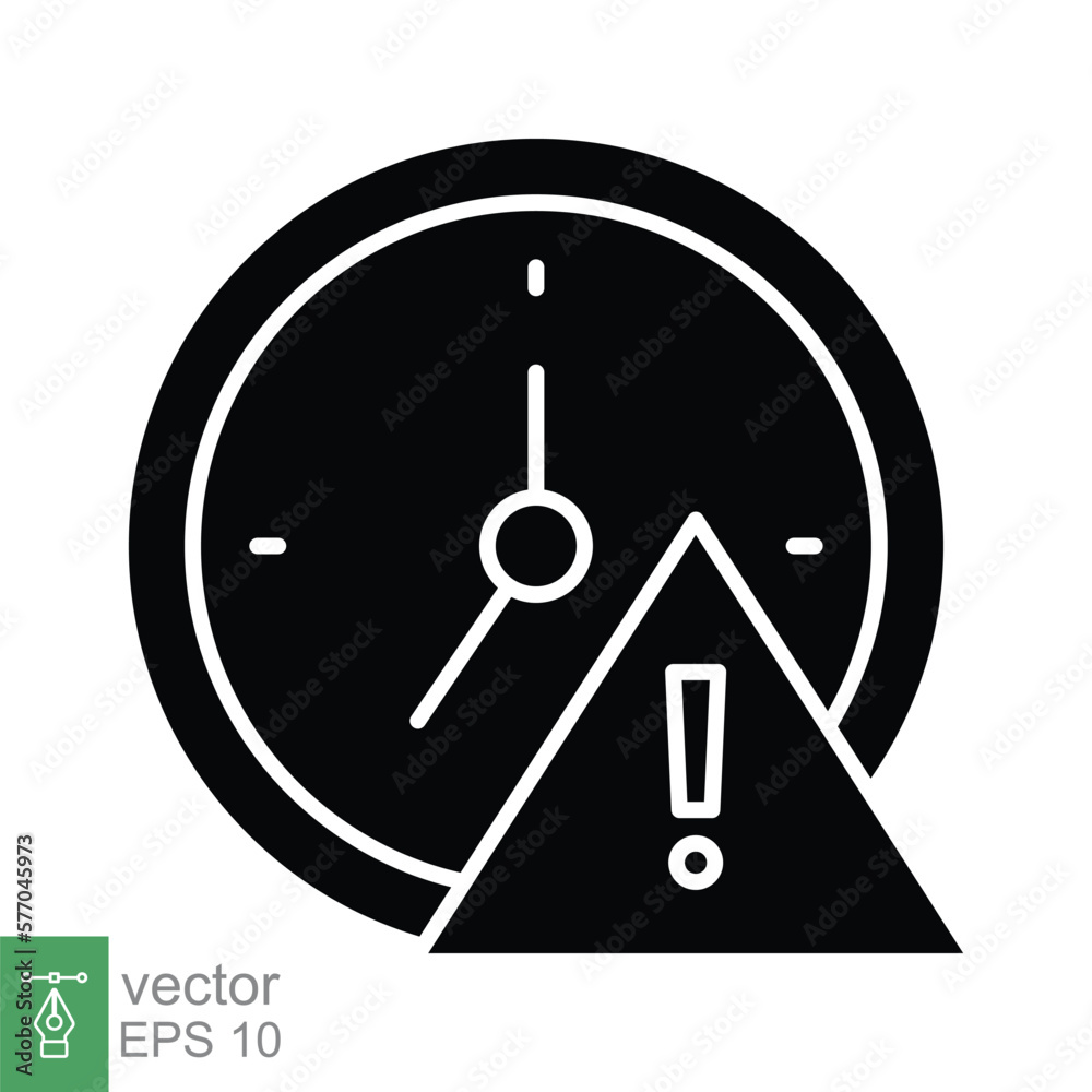 Expiry icon. Simple solid style for web and app. Alert, alarm, clock circular with exclamation mark concept. Black silhouette, glyph symbol. Vector illustration isolated on white background. EPS 10. Expiry icon. Simple solid style for web and app. Alert, alarm, clock circular with exclamation mark concept. Black silhouette, glyph symbol. Vector illustration isolated on white background. EPS 10.