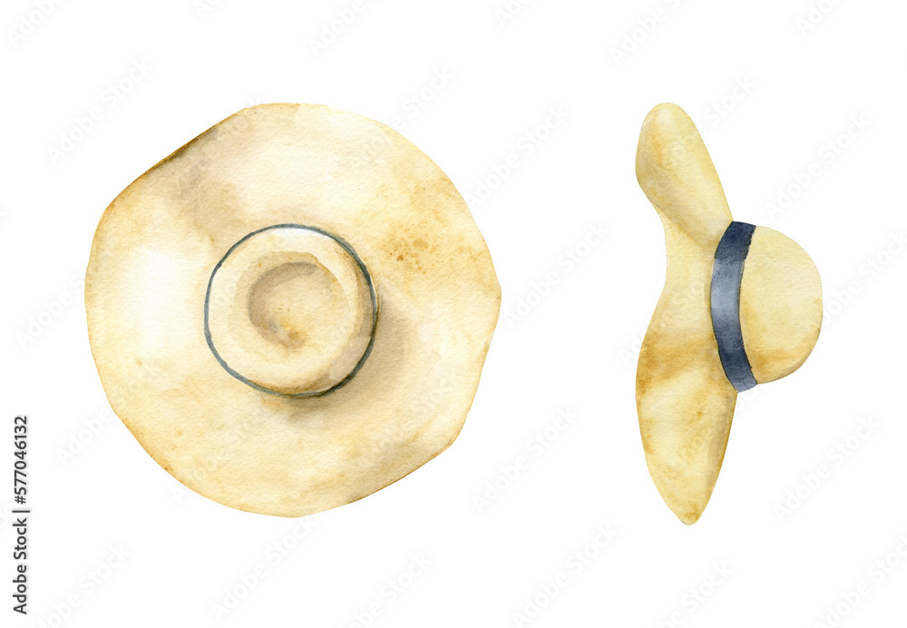 Fototapeta premium Hand drawn watercolor elements. Yellow floppy straw sun hat with dark blue ribbon. Isolated on white background. Design wall art, wedding, print, fabric, cover, card, tourism, travel booklet.