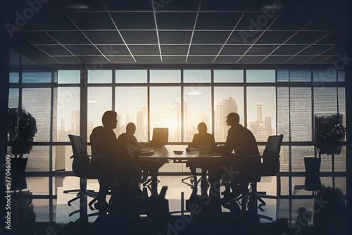 Silhouettes of a group of businessmen at a meeting in the office sitting at a table against the backdrop of panoramic windows