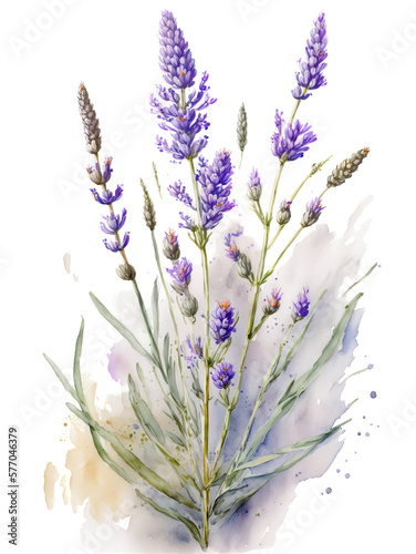 Lavender plant over white background. Generative AI illustration in watercolor style