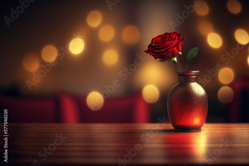 table at a cafe or restaurant with a red rose in a vase    gold bokeh lights in the background  copy space  generative AI