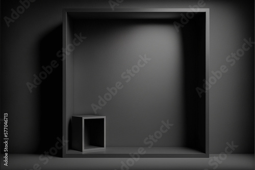 empty shelves on a black background, copy space, generative AI