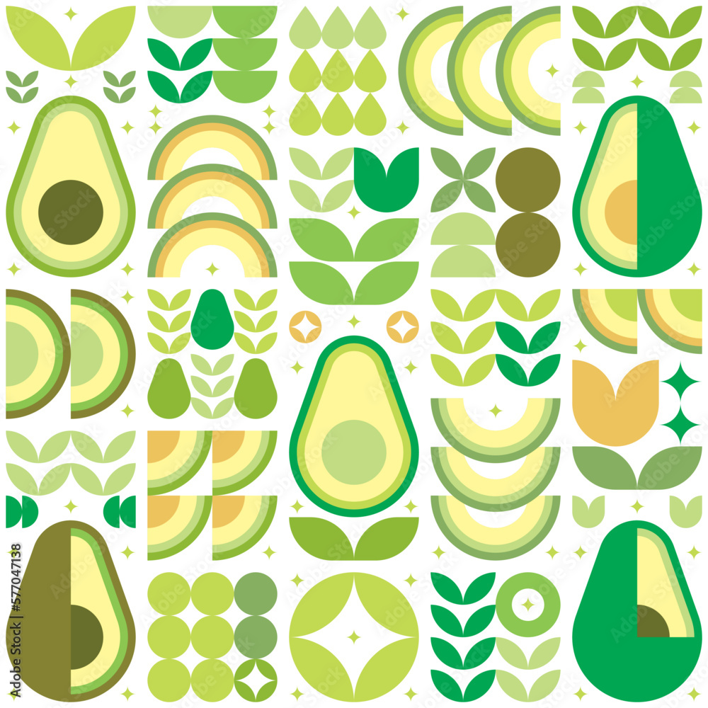 Abstract artwork of avocado pattern icon. Vector art, illustration of cut avocado symbol, seed, flower, leaf, and geometric shape. Fruits and vegetables simple flat modern design, white background. Abstract artwork of avocado pattern icon. Vector art, illustration of cut avocado symbol, seed, flower, leaf, and geometric shape. Fruits and vegetables simple flat modern design, white background.