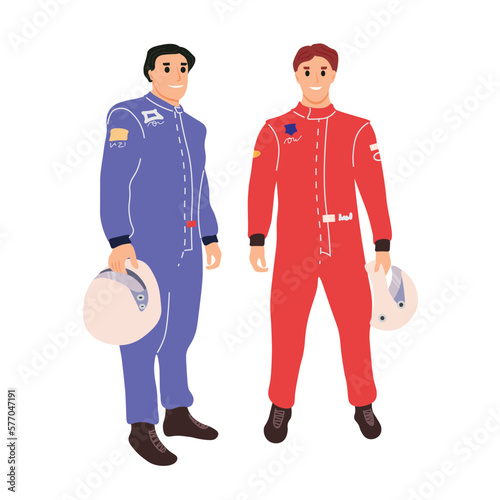 Two f1 drivers. Wearing blue and red overalls and holding helmets.