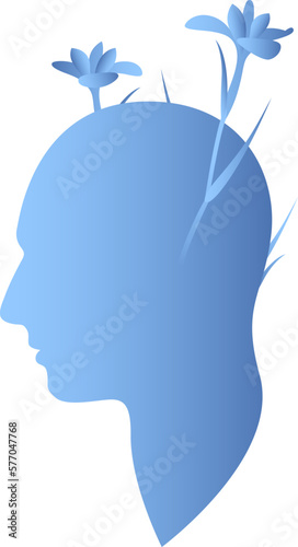 Head with flowers. Mental health concept. Plants, flower and leaves as a symbol of inspiration, calmness, favorable mental behavior. Vector illustration.