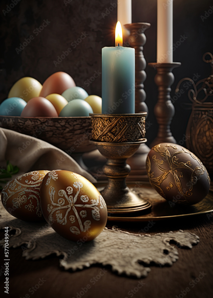 Ornate Easter eggs with candle burning in background. Ai generative