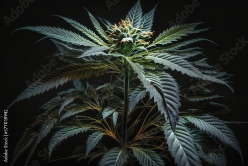 a close up of a male cannabis plant  in flower  against a black background  for medical use. Generative AI