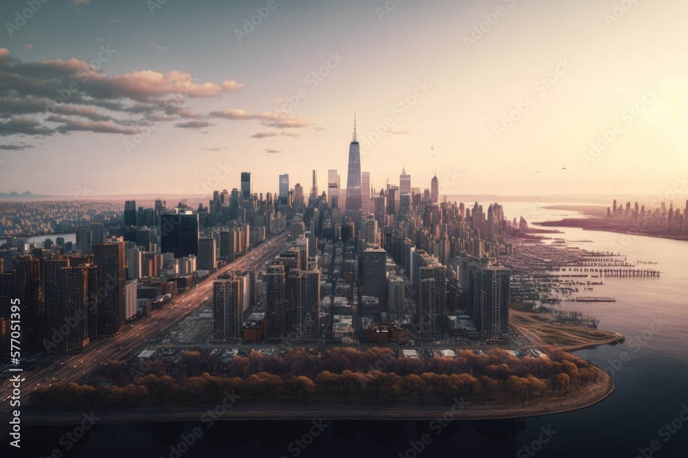 Skyline with modern buildings by seashore, created using generative ai technology