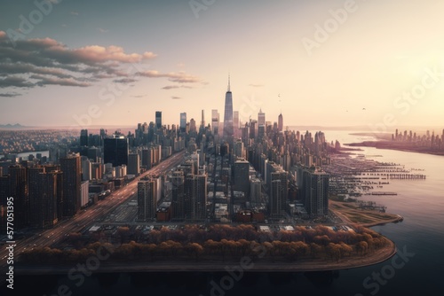 Skyline with modern buildings by seashore  created using generative ai technology