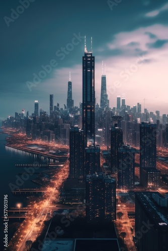 Skyline with modern buildings in the evening  created using generative ai technology