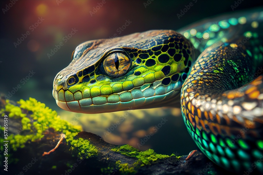 Close up of green python, green snake. Generative AI, Generative, AI Close up of green python, green snake. Generative AI, Generative, AI