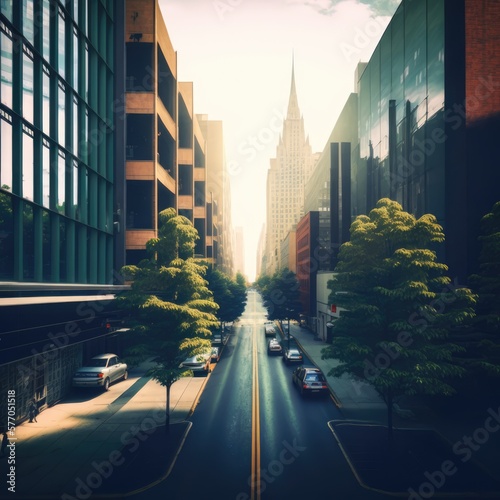 Urban street in city with modern buildings and trees, created using generative ai technology © Future Vision