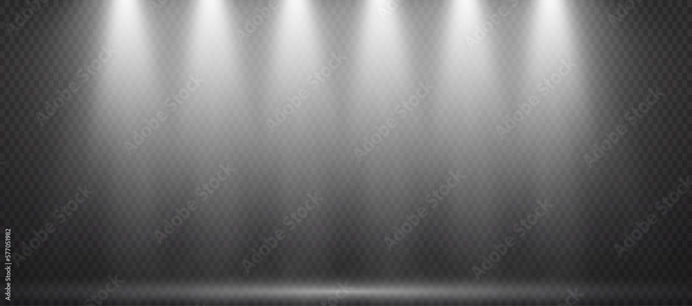 Obraz premium The spotlight shines on the stage. light from a lamp or spotlight. special effects on transparent background. Vector illustration