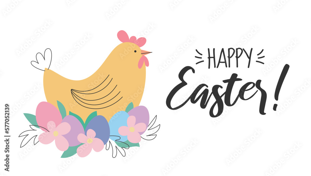 Happy Easter postcard with a cute chicken and colorful eggs and flowers. Holiday spring flat style vector illustration. Happy Easter postcard with a cute chicken and colorful eggs and flowers. Holiday spring flat style vector illustration.