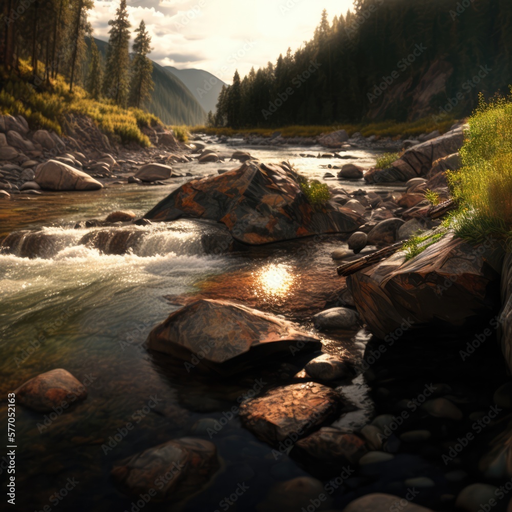 Beautiful landscape of river creek with rocks and mountains, created using generative ai technology