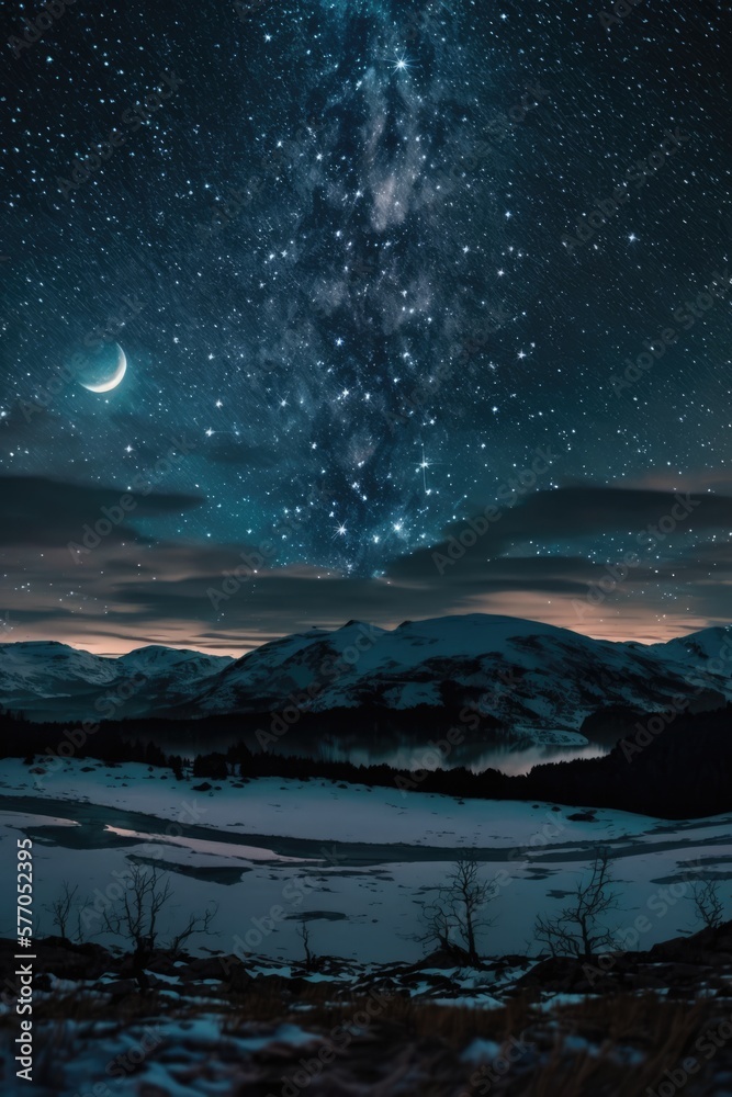 Starry skies and moon over mountains landscape at night, created using generative ai technology