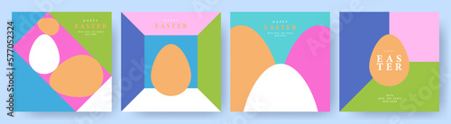 Happy Easter set of cards, posters or covers in modern minimalist color block style with geometric shapes and eggs. Trendy simple templates for advertising, branding, congratulations or invitations