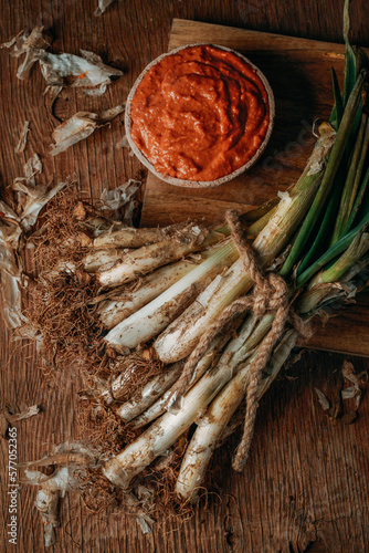 romesco sauce and raw calcots typical of Catalonia photo