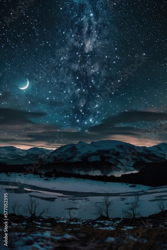 Starry skies and moon over mountains landscape at night, created using generative ai technology
