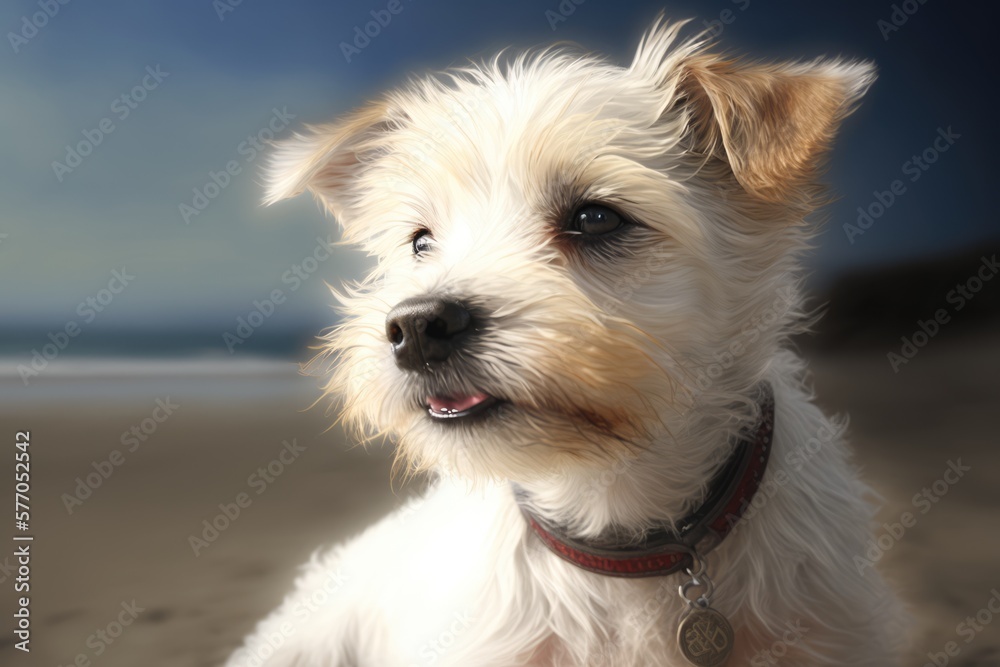 Portrait of white cute dog on beach, created using generative ai technology Portrait of white cute dog on beach, created using generative ai technology