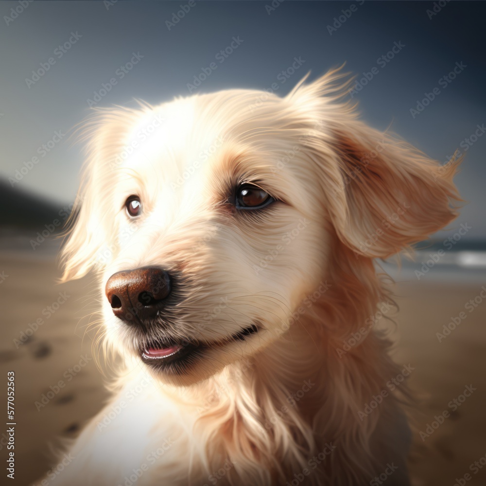 Portrait of white cute dog on beach, created using generative ai technology