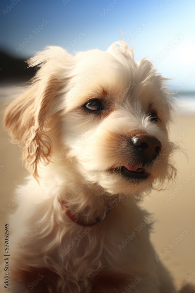 Portrait of white cute dog on beach, created using generative ai technology Portrait of white cute dog on beach, created using generative ai technology