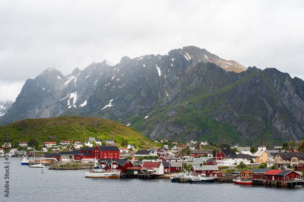 Traditional village in Lofoten archipelago, Norway with red wooden houses