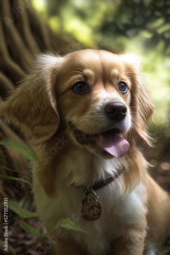 Close up of beige dog sticking tongue out in forest created using generative ai technology
