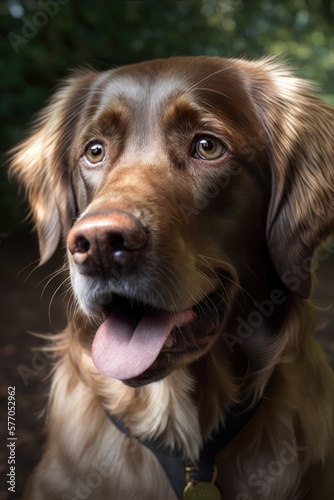 Close up of brown dog sticking tongue out in forest created using generative ai technology