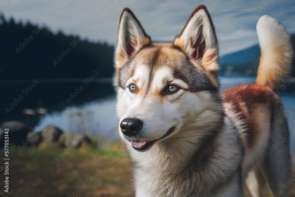 Obraz premium Husky dog sticking tongue out by the lake and forest created using generative ai technology