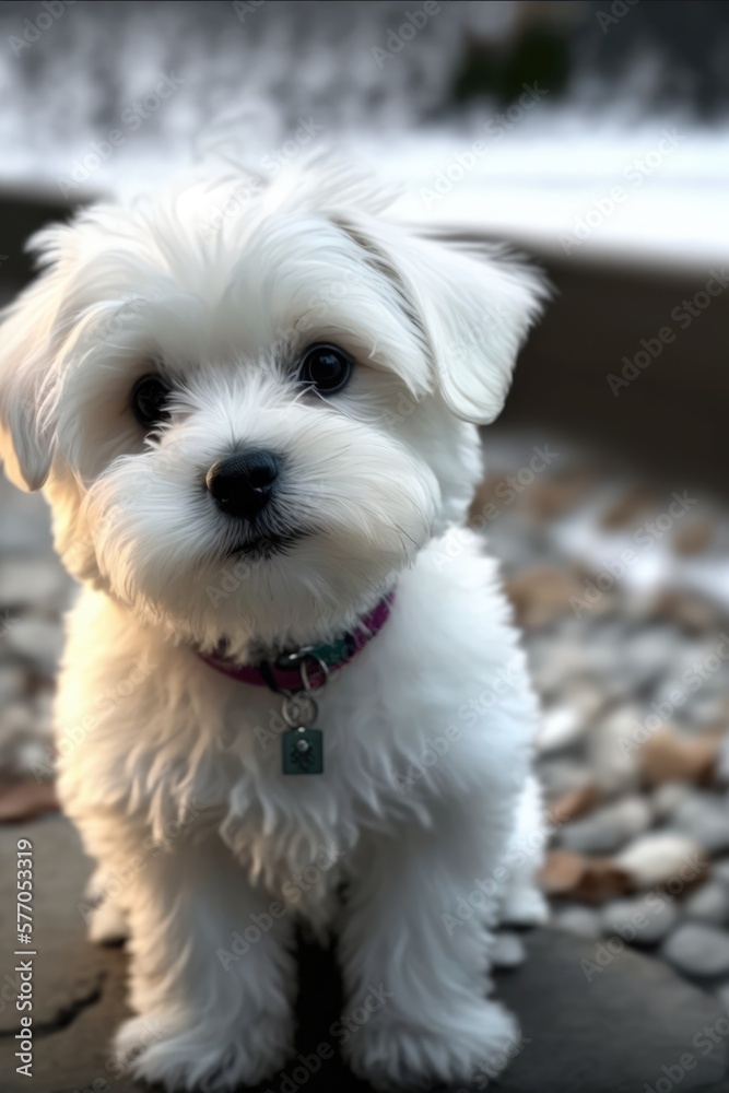 White maltease dog with collar on blurred background created using generative ai technology