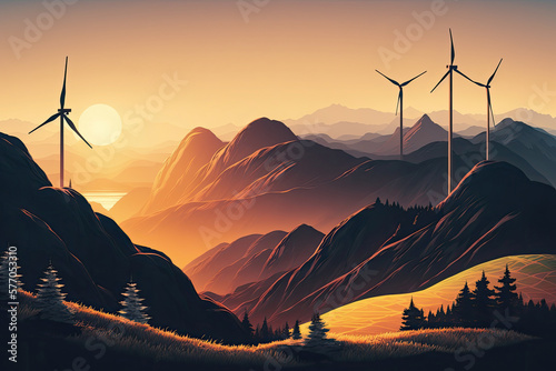 Wind turbines generate electricity on a mountain on a sunny day. Generative AI. photo