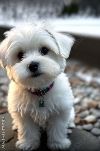 White maltease dog with collar on blurred background created using generative ai technology