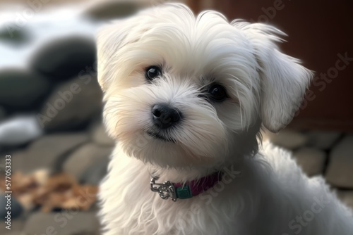 White maltease dog with collar on blurred background created using generative ai technology