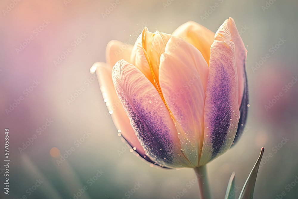 Closeup of blooming tulip flower in spring on pastel bokeh background Closeup of blooming tulip flower in spring on pastel bokeh background