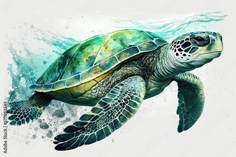 Photography There is a sea turtle in water, and it's been painted in watercolor