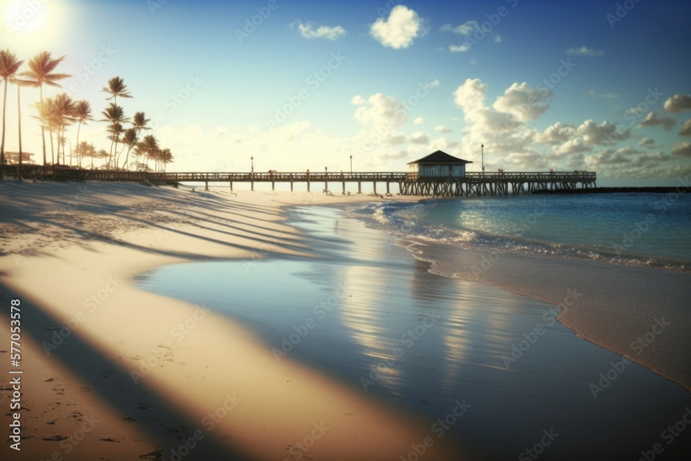 Beach and sea with palm trees, pier and sky with clouds created using generative ai technology