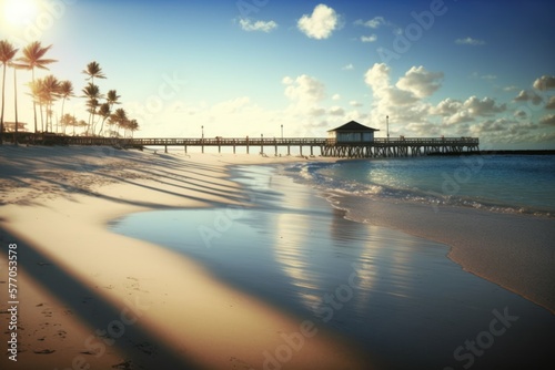 Beach and sea with palm trees, pier and sky with clouds created using generative ai technology © Future Vision