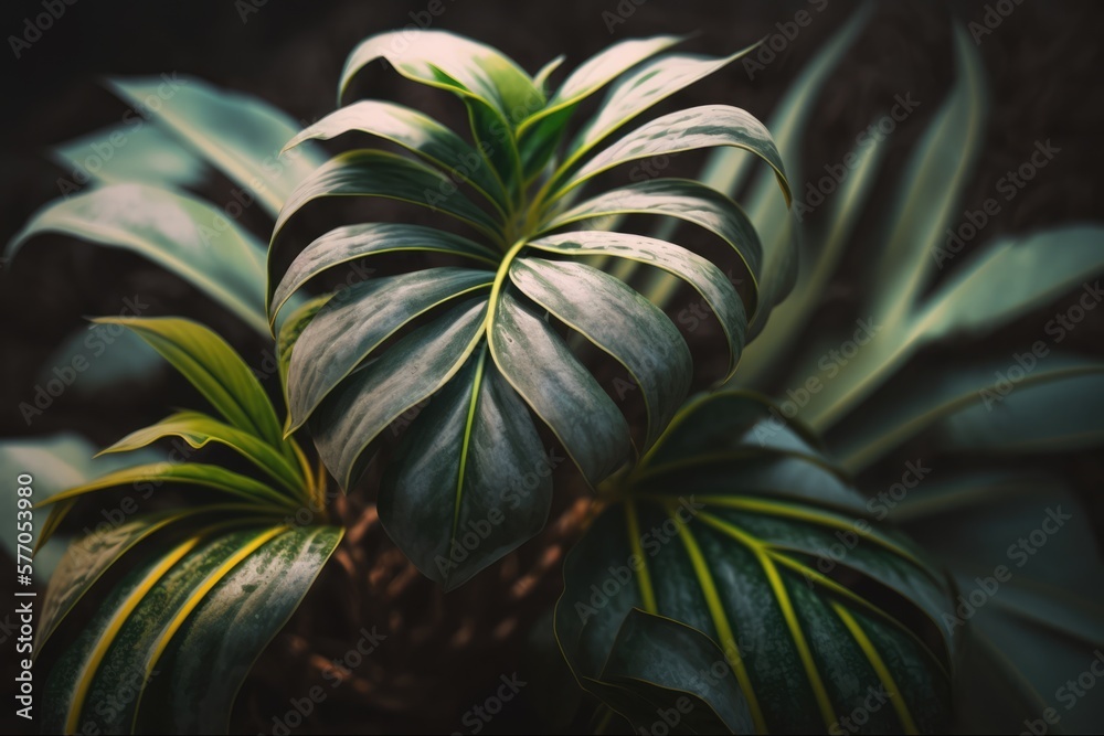 Close up of green leaves on black background created using generative ai technology Close up of green leaves on black background created using generative ai technology