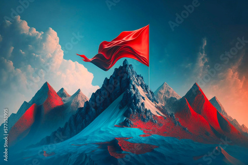 Abstract blue mountain with red flag on top, success concept. Generative AI