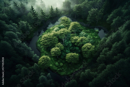 Aerial view of trees in foggy forest as landscape background. Generative AI
