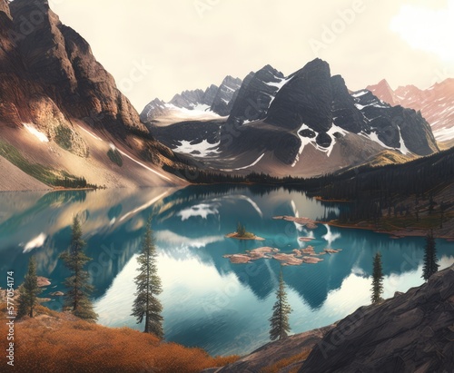 Scenery with mountains, forest and lake created using generative ai technology