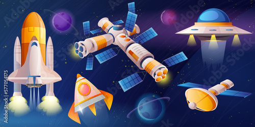 Vector cartoon different shuttles in cosmos and alien planets. Rocket, ufo spaceship and space station flying in night sky flat illustration. Fantasy cosmic objects, game graphic design elements.